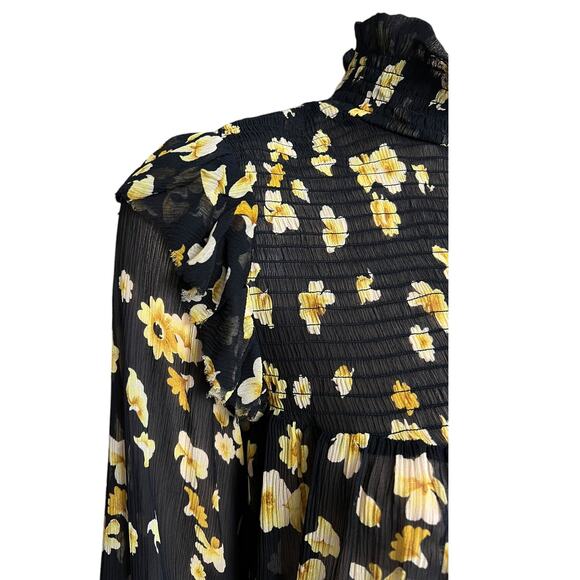 The Kooples Funnel Neck 100% Silk Sheer Smocked Floral Blouse Size Small - Picture 10 of 16